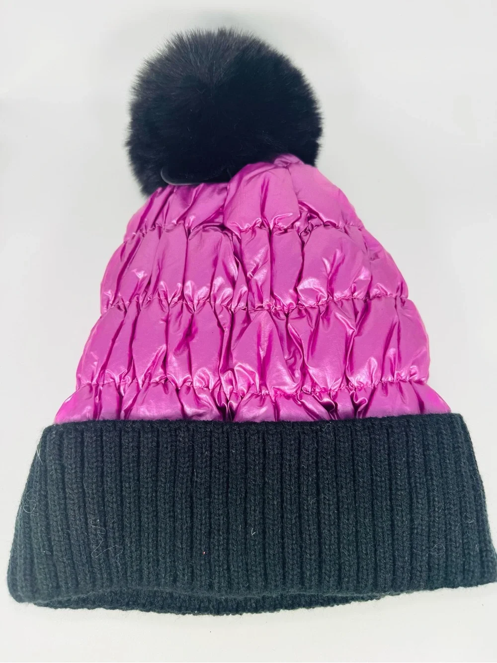 Justin Gregory Pom Pom Beanie Puffer Hat Black Pink Metallic Winter NEW